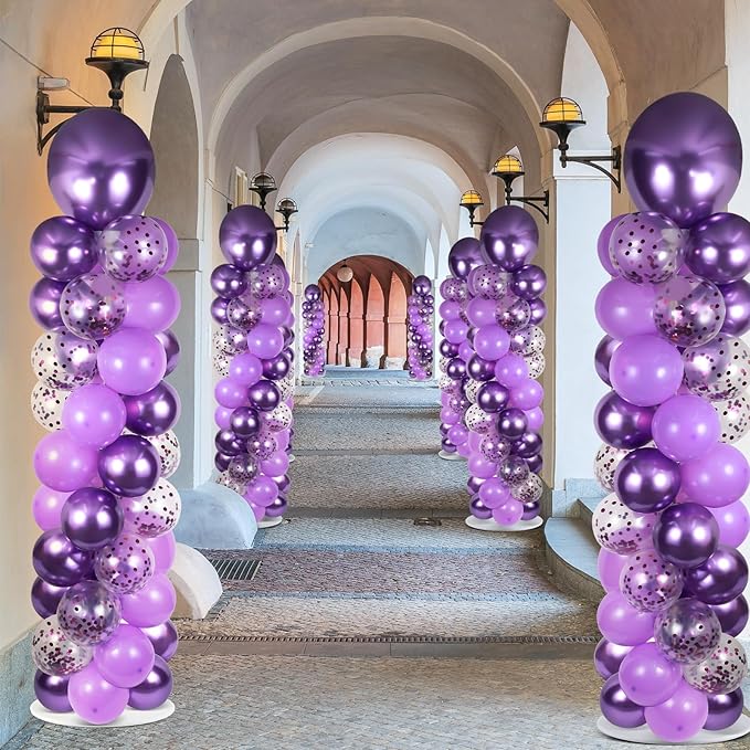 2 Sets Purple Balloon Column Stand Kit with 100 Balloons Lavender Adjustable Balloon Tower Stand with Bases for Floor Purple Confetti Balloon Column Kit for Christmas Birthday Holiday New Year