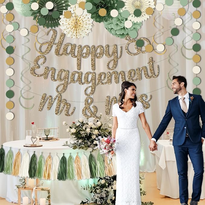 Engagement Party Decorations,Green Sage Congratulations Decorations includes Gold Glitter Happy Engagement Banner for Just Engaged Almost Married Party, Bachelorette Party Decorations