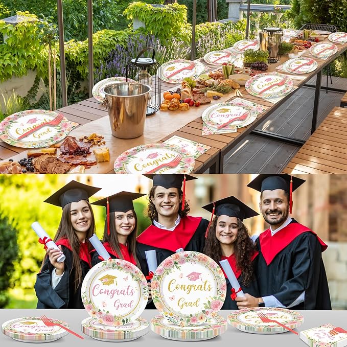 96Pcs Class of 2026 Graduation Party Supplies Floral Congrats Grad 2026 Plates and Napkins Pink Bachelor Cap Grad Tableware Disposable Dessert Dinnerware for Women Graduation Party for 24 Guests