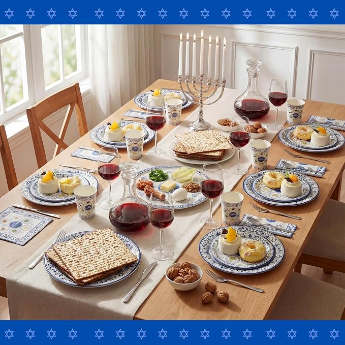Jenaai 200 Pcs Passover Tableware Party Supplies for 50 Guests, Disposable 9"/ 7" Passover Paper Plates Cups and Napkins Paper Goods Set for Dinnerware Party Decorations