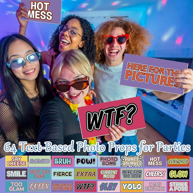 AceOrbit 64 Designs Funny Photo Booth Prop for All Occasion Double Sided 11x5.5'' Photobooth Props Sign Decor DIY Waterproof Selfie Sign for Wedding Graduate Birthday Party Supplies(Funny Style)