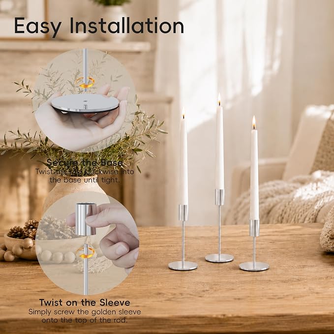 zeochyni Silver Candlestick Holders Set of 6 for Home Decor | Metal Taper Candle Holders in 3 Heights with Weighted Base for Dining, Wedding, Mantel Decor and Housewarming Gift