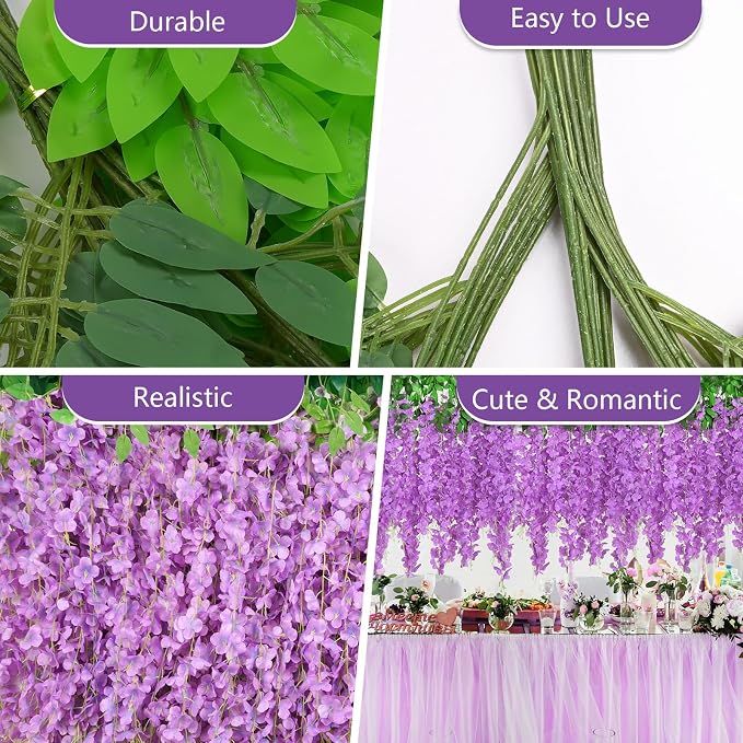12Pcs Artificial Wisteria Hanging Flowers, 3.6Ft/Pcs Purple Fake Wisteria Garland for Wedding Party Home Garden Indoor Outdoor Decoration