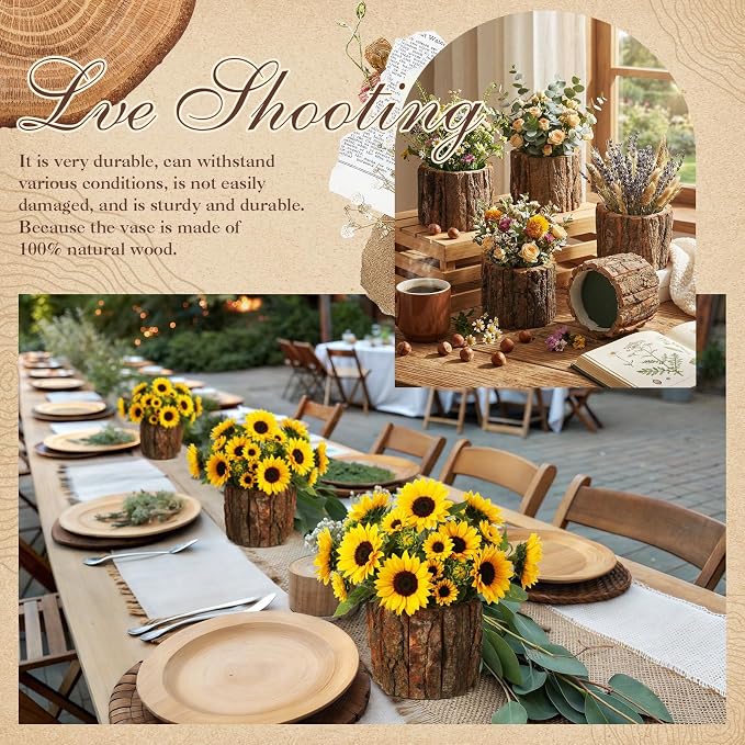 6 Set Wooden Vase for Centerpieces Wedding Flower Table Centerpieces Decor Rustic Bark Stump Bucket Farmhouse Wood Planter Pot for Woodland Party Window Home (Flower Foam,Medium)