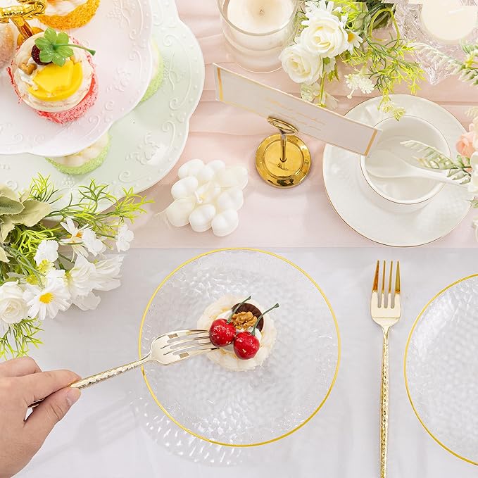 Rubtlamp 200 Pcs Clear Gold Dessert Plates 7" with Forks 7.6",Clear Plastic Hammered Platos, Dessert Plates Disposable, Heavy Duty Party Platos Include 100platos and 100forks for Party&Birthday