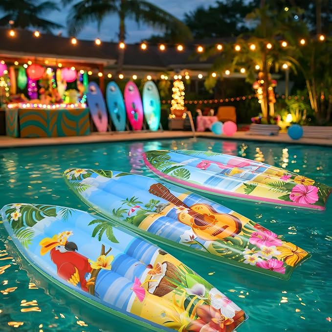 JellyArch 4 Pcs Hawaiian Inflatable Surfboard Tropical Flamingos Hawaiian Luau Party Decorations Blow up Pool Floats Surfboard Prop Wall Decor Palm Tree Summer Tiki Bar Pool Beach Party Decorations