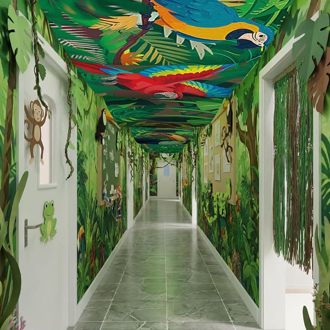 Feifeiya 3 Pcs 36 ft Rainforest Theme Party Decor 2026 VBS Decorations Tropical Forest and Bird Rainforest Safari Ceiling Banner Party Hanging Decor for VBS Sunday School Classroom