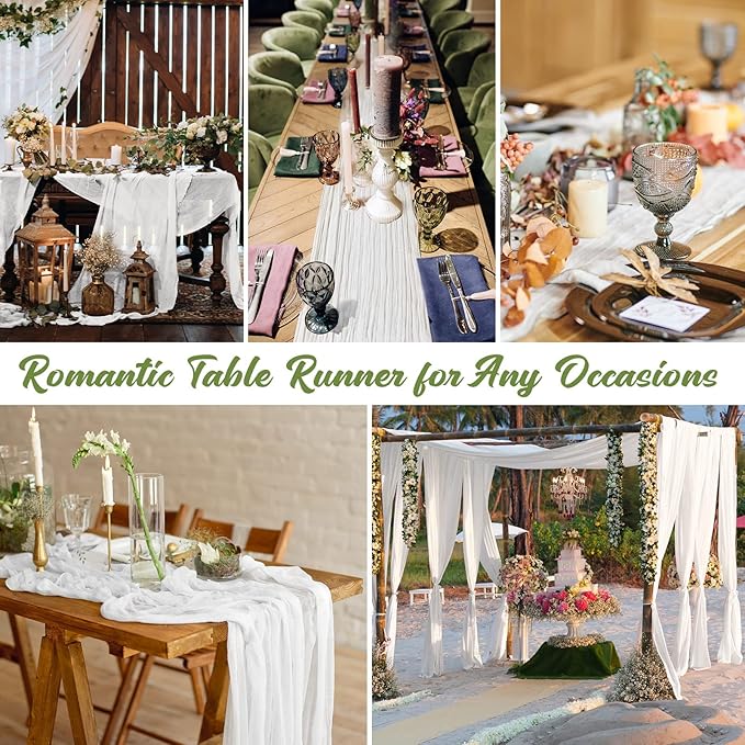 Foaincore 12 Pack White Cheesecloth Table Runner 13FT Boho Gauze Table Runner 157'' Long Rustic Wedding Tablerunner for Bridal Shower Baby Shower Arch Decor Party Tablecloth
