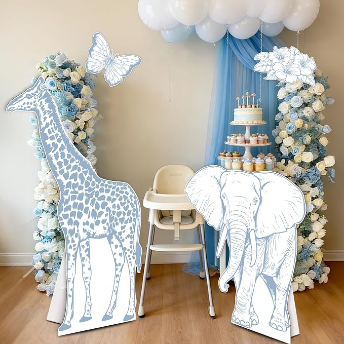 4PCS Blue Jungle Animal Cardboard Standee Set, Giraffe Elephant Cardboard Standee Cutouts, Safari Baby Shower Decorations for Birthday, Gender Reveal