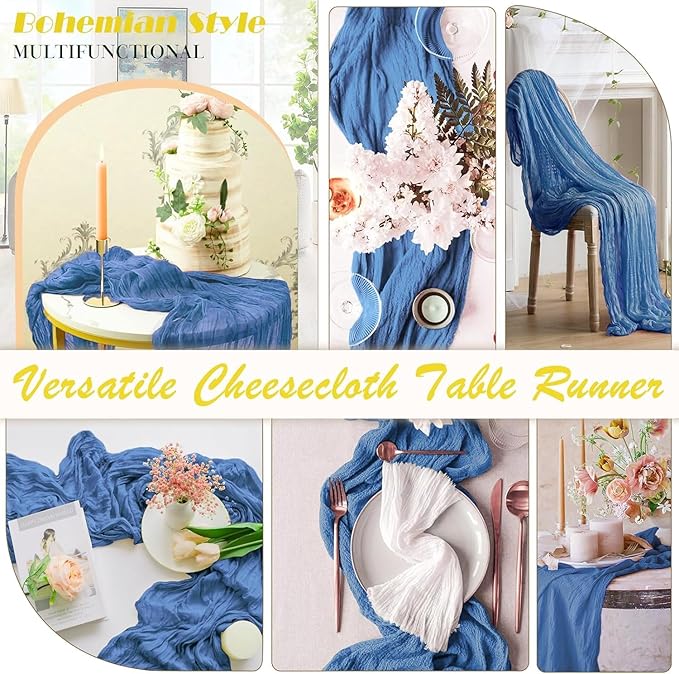 Cheesecloth Table Runner | Boho Fabric Cheese Cloth Table Runner Rustic Sheer Table Runners for Wedding, Bridal Shower, Birthday Party Décor(Dusty Blue,Pack of 3)