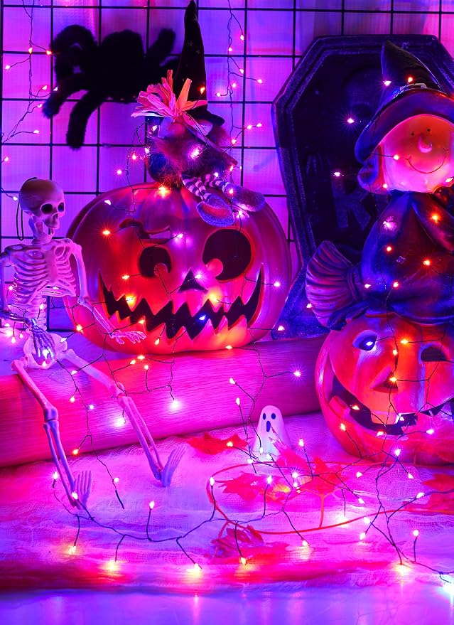 Halloween Solar String Lights Outdoor Waterproof, 19.6Ft 240 LED 8 Modes | Solar Fairy Lights Halloween Lights Outdoor, Waterproof Twinkle Firecracker Light for Patio Yard Trees, Orange Purple