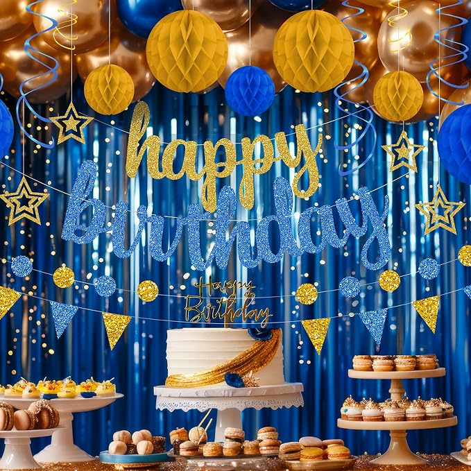 Blue and Gold Birthday Party Decorations Set - Happy Birthday Banner Balloons Foil Curtains Hanging Swirls for Men Women Kids Birthday Party Supplies
