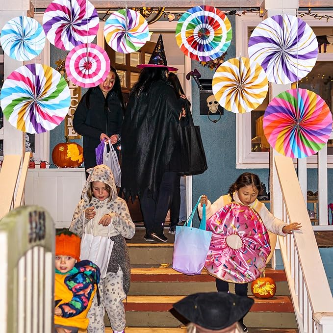 Outus Hanging Paper Fans Decorations Candy Party Classroom Decoration Colorful Peppermint Candy Paper Fan Ceiling Wall Garland for Candyland Themed Birthday Party Supplies(9 Pcs,Design)