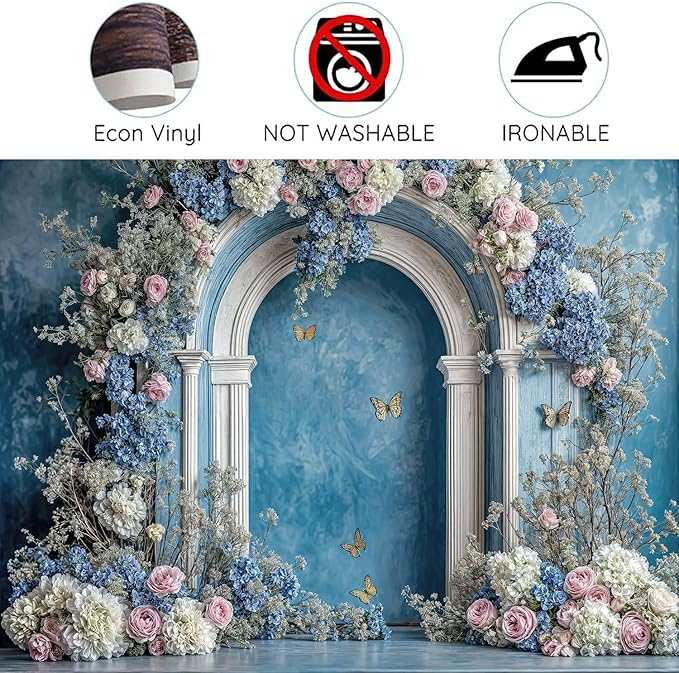 9X6ft Flower Wedding Backdrop Retro Blue Hydrangea Floral Butterfly Arch Photography Backdrops Modern Interior European Style Bridal Shower Wedding Party Portraits Photoshoot Photo Booth