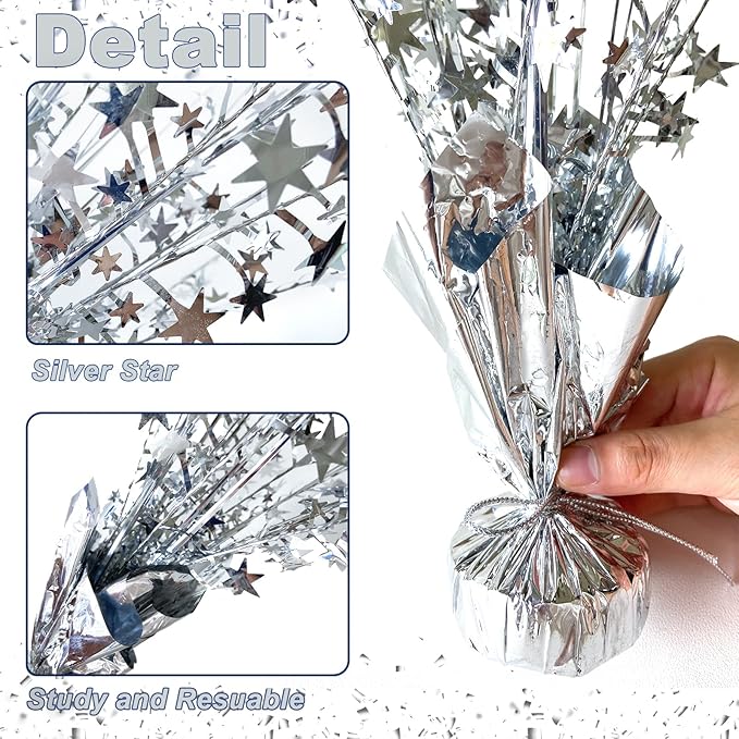 FUBININA 12 Pack Metallic Foil Spray Centerpiece Star Table Decoration Burst Table Centerpieces for New Years Nye Birthday Wedding Anniversary Graduation Holiday Party Supplies Decor, Silver