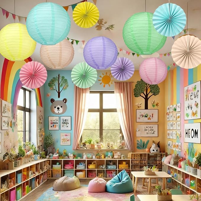 Flutesan Pastel 12 Pcs Classroom Decor Hanging Paper Lanterns and Paper Fans Back to School Party Classroom Ceilings Decor Supplies for Bulletin Board Office Wall Birthday Party Decoration