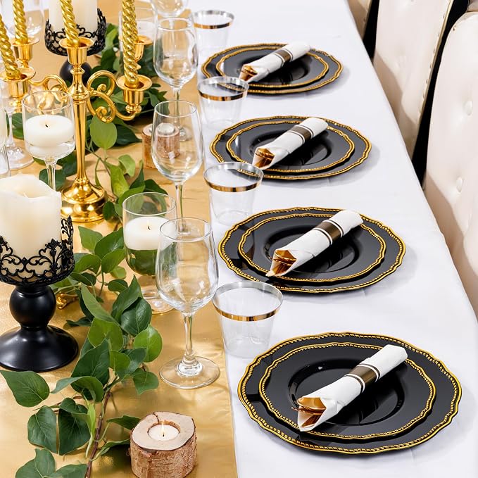 Hioasis 350pcs Black and gold Plastic Plates - Gold Plastic Dinnerware Set Includes 50 Dinner Plates, 50 Dessert Dinnerware, 50 Cups, 50 Rolled Napkin Cutlery Perfect for Wedding & Party
