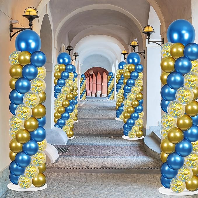 2 Sets Metallic Blue and Gold Balloon Column Stand Kit with 100 Balloons Adjustable Balloon Tower Stand with Bases for Floor Navy Blue Gold Balloon Column Kit for Graduations Summer Birthday Decor