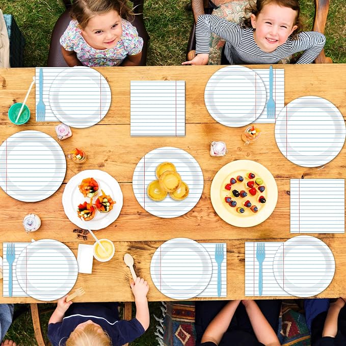 96Pcs Back to School Party Decorations Paper Handwriting Notebook Tableware First Day of School Plates Napkins Graduate Party Supplies for Kindergarten Teacher School Season Supply Serves 24 Guests
