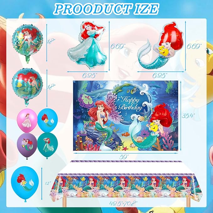 Birthday Party Decorations Set - Underwater Princess Theme (Includes Banner, Foil Balloons, Printed Balloons, Plates, Napkins)