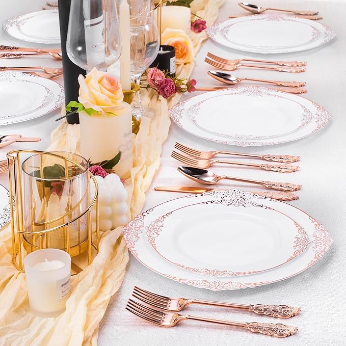 Bestluck 100 PCS White and Rose Gold Plastic Plates for 50 Guests, Rose Gold Disposable Plates Include 50 PCS Dinner Plates, 50 PCS Dessert Plates for Party, Wedding and Baby Shower