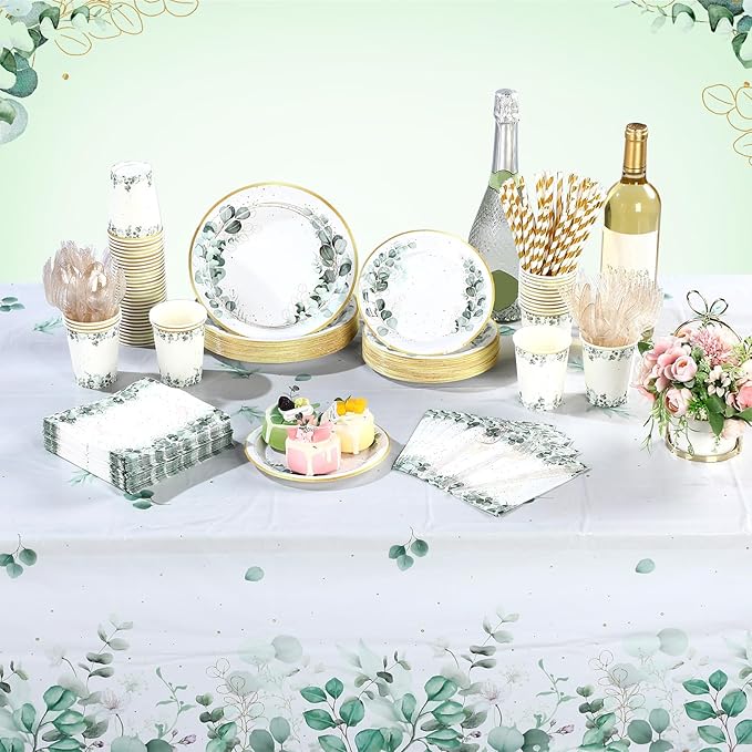 Funnymoom 452 Pcs Eucalyptus Leaf Party Supplies Decorations Include Sage Green Paper Plates Napkins Cups Tablecloth Cutlery Straws for Baby Shower Birthday Bridal Shower Wedding Party