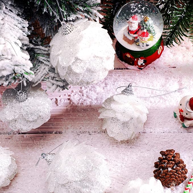 Sratte 8 Pcs Valentine Ball Ornaments Artificial Pinecone Hanging Ornaments Glitter Winter Faux Flower for Xmas Decor, 3.15/2.36 Inch(White)