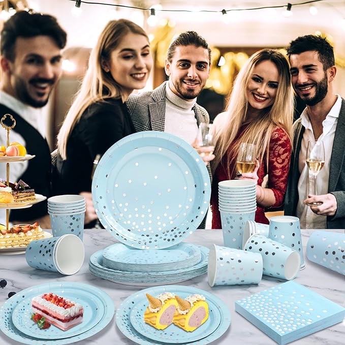 175 Pcs Light Blue Plates and Napkins Party Supplies - Baby Blue Paper Plates Serve 25 Guests - Light Blue and Silver Disposable Plates Sets for Birthday Wedding Baby Shower Holiday Party Decorations