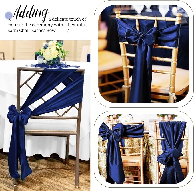 Pesonlook 60 PCS Navy Blue Satin Chair Sashes Bows Satin Chair Sashes Universal Chair Cover for Wedding Reception Restaurant Event Decoration Banquet,Party,Hotel Event Decorations (7 x 108 inch)