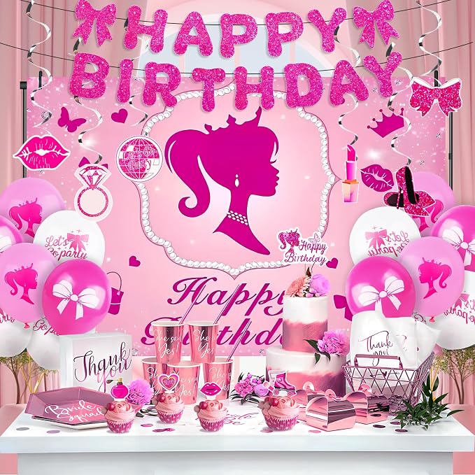Hot Pink Birthday Party Decorations Supplies, Pink Glitter Happy Birthday Banner, Backdrop, Balloons, Hanging Swirls, Sash, Headband, Cake & Cupcake Toppers for Kids Girls and Women