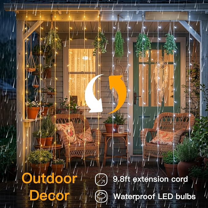 suddus Color Changing Curtain Lights, 200 Led Hanging Lights Outdoor, Fairy Curtain Lights Indoor for Christmas, Dorm, Wall, Backdrop, Window, Wedding, Party, Birthday Decor, Warm White & White