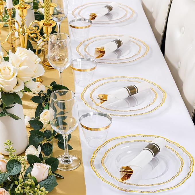 Hioasis 175pcs Clear Gold Plastic Plates - Gold Plastic Dinnerware Set Includes 25 Dinner Plates, 25 Dessert Dinnerware, 25 Cups, 25 Napkins Perfect for Wedding & Party