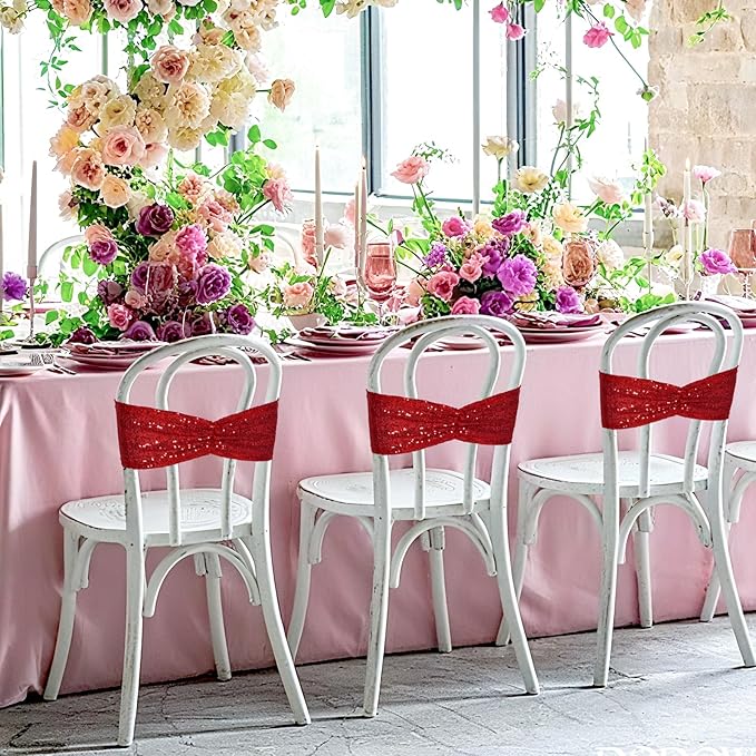 Poise3EHome Red Sequin Chair Sashes Folding Chair Covers Bow for Wedding Party Reception Decorations, 100 PCS