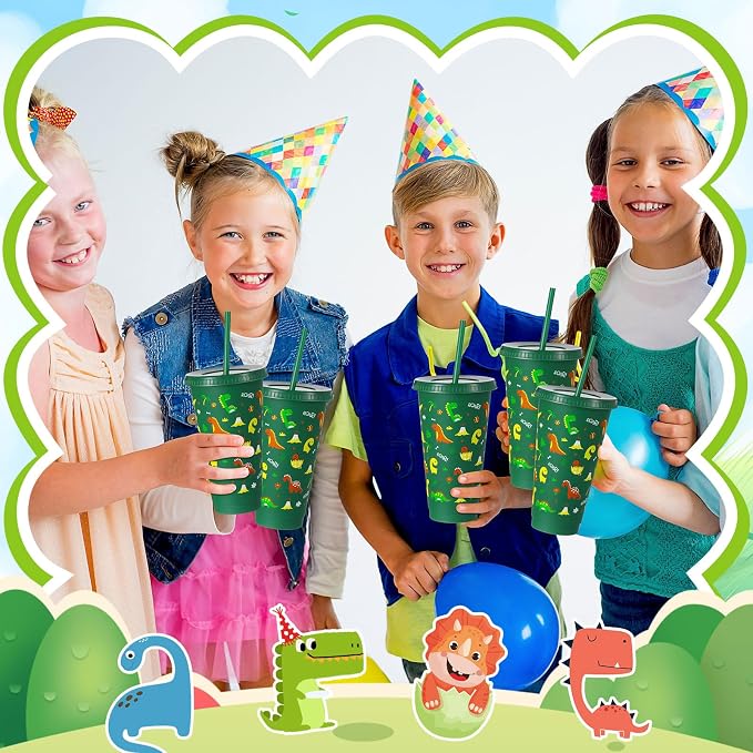 Uiifan 12 Pcs Plastic Dinosaur Cups for Kids 24oz Reusable Dino Tumbler with Lid and Straw Dino Party Favors Drinking Cups for Kids Boy Baby Shower Birthday Supplies Dinosaur Gifts