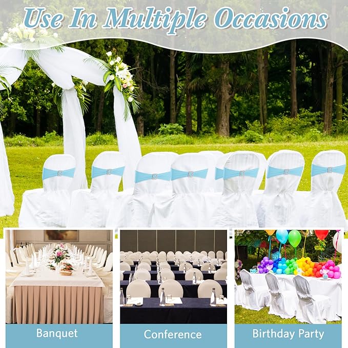 VitalCozy 150 Pcs Spandex Chair Sashes with Square Buckle Slider Stretch Chair Cover Band Universal Elastic Ties Straps Bows for Wedding Banquet Event Party Decoration(Blue)