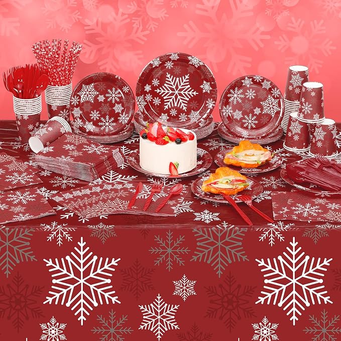 Funnymoom 452 Pcs Christmas Snowflake Party Supplies for 50 Guests, Red White and Sliver Snowflake Paper Plates and Napkins Cups Tablecloth Cutlery Straws for Winter Xmas Birthday Party Decoration