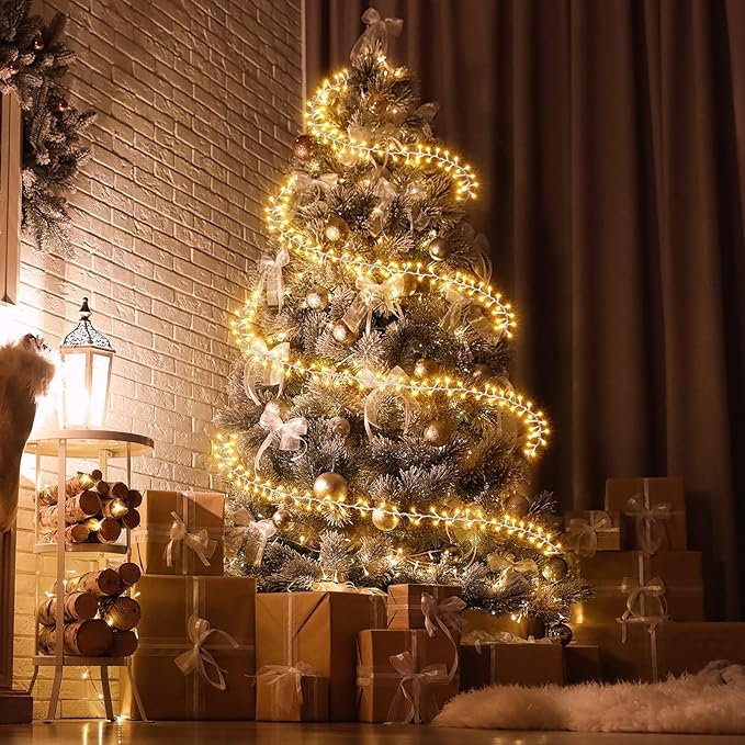 Mudder 49 ft Christmas Tree Garland Lights with Metal Wire Ring 300 LED Fairy String Lights 8 Modes Twinkle Light Battery Operated for Indoor Outdoor Xmas Tree Party Decoration (No Batteries Included)