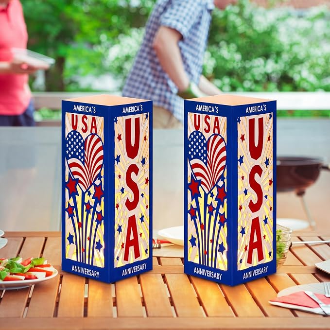 Gerrii 6 Pcs 250th Anniversary Table Centerpieces Boxes with USA Cutouts LED Light USA Patriotic Table Lantern Tabletop for 250th 4th of July Independence Memorial Day Party Supplies