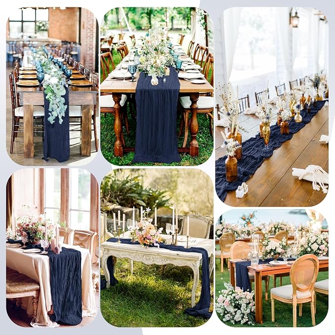 12 Pack Navy Blue Cheesecloth Table Runner, 10FT Cheesecloth Rustic Boho Table Runner Long Romantic Semi Sheer Table Runner for Wedding Birthday Bridal Shower Party Decorations(21.5×120 Inch)