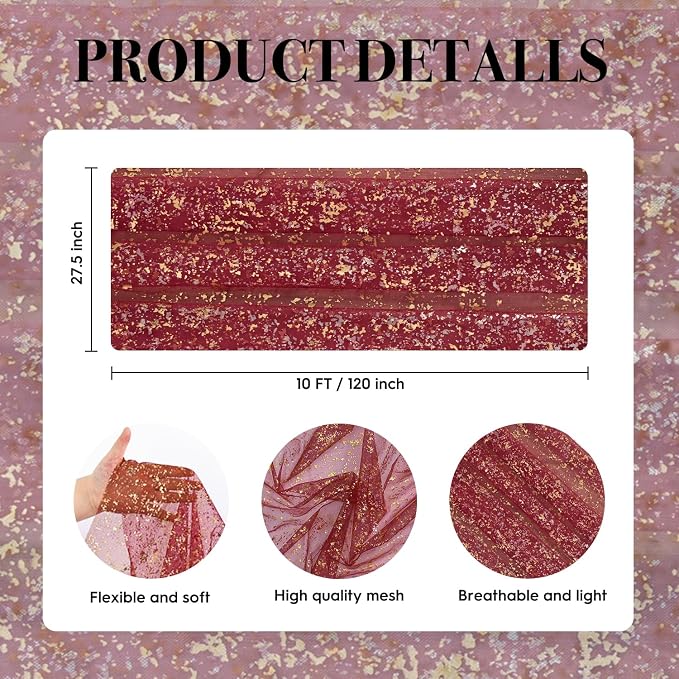 Artoid Mode 10Pcs Burgundy Gauze Gold Table Runner 10FT, Glitter Metallic Foil Sheer Dining Wedding Anniversary Holiday Table Decor for Home Party