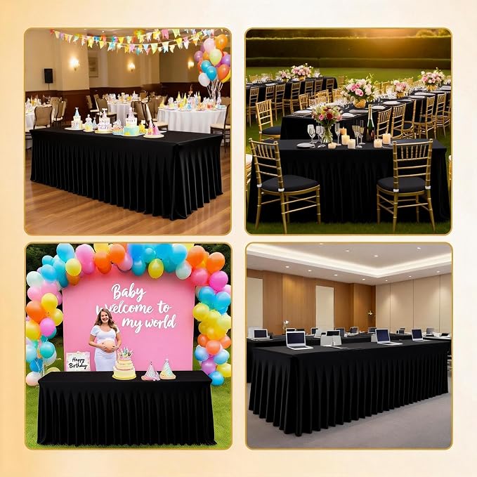 WJWHQ 5 Pack Black Spandex Tablecloths, Stretch Fitted 6ft Table Cover (120 Inch) with Skirt, Wrinkle Free for Weddings, Parties, Banquets, Dining Fits 6 Foot Rectangle Tables