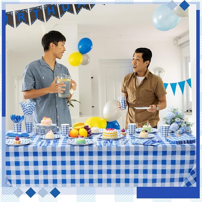 Funnymoom 452 Pcs Blue Gingham Party Supplies for 50, Dark Blue and White Gingham Checkered Paper Plates Napkins Cups Tablecloth Cutlery Straws for Birthday Family Picnic Barbecue Party Decoration