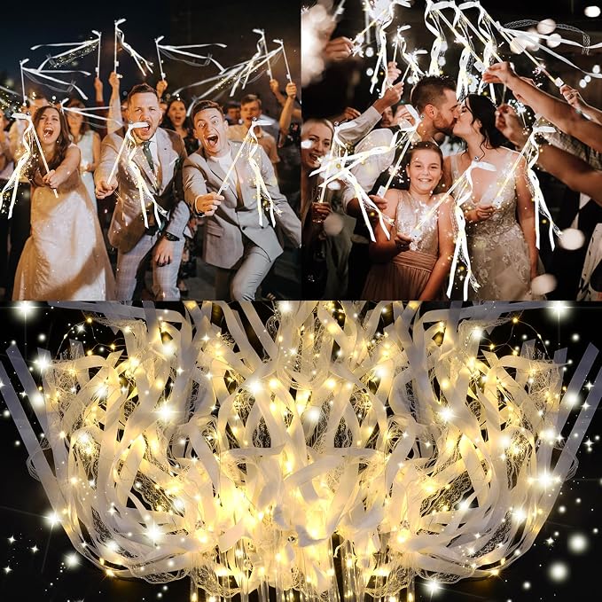 HONLYNE 210 PCS Light Up Wedding Wands, LED Fairy Wand, Wands Streamers with 3 Flashing Modes, LED Silk Fairy Wand with Ribbons, Lace and Bells for Wedding Send Off Ideas, Parties, and Celebrations