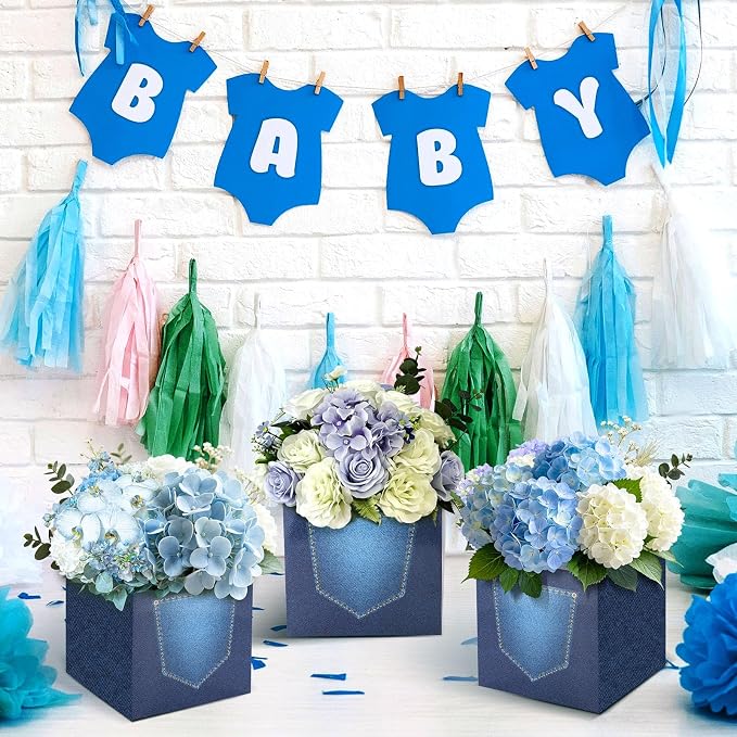 12 Pack Denim Baby Shower Centerpieces Decorations Blue Jean Party Flower Boxes Cowboy Western Baby Boy Shower Decor Gender Reveal Flower Boxes Photo Props Party Supplies