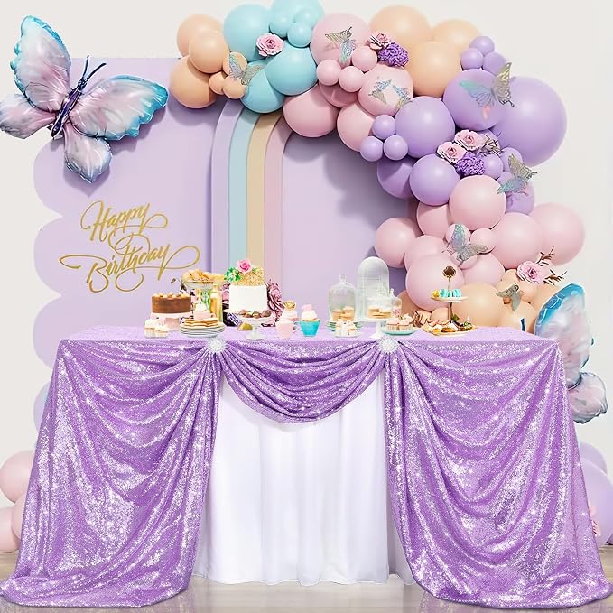B-COOL Sequin Tablecloth 90x90inch Lilac Square Lavender Sequined Fabric Drapes Shiny Party Tablecloth Glitter Table Cloth Wedding Table Decorations