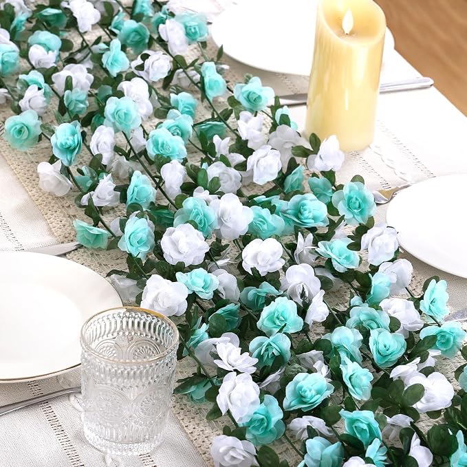 KHOYIME 9 Pack 72 FT Artificial Flower Garland, Fake Blue White Roses Vines Silk Flowers Faux Plastic Outdoor Hanging Floral Ivy Garland Decoration for Wedding Arch Bedroom Home Wall Backdrop Decor