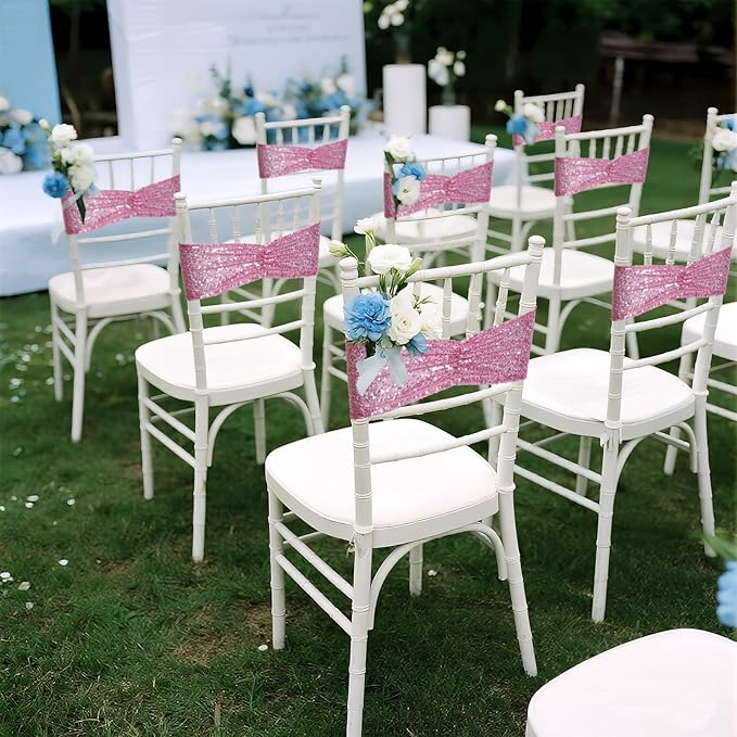 Poise3EHome Fuchsia Pink Sequin Chair Sashes Folding Chair Covers Bow for Wedding Party Reception Decorations, 20 PCS