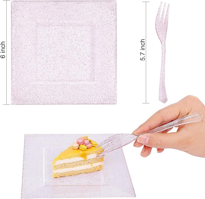 DaYammi 200 Pcs Pink Dessert Plates Including 100Pcs Appetizer plates 6'',100Pcs Plastic Forks 5.7'',Rose Glitter Plastic Square Plate for Wedding,Pink Cake plates and forks for Mother's Day Party