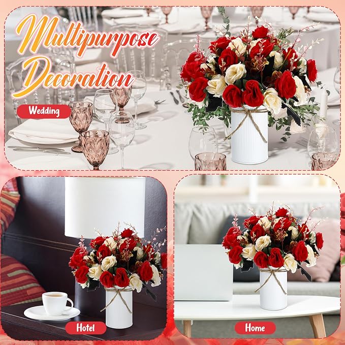 Domensi 6 Sets Wedding Centerpiece for Table Artificial Rose with Vase Fake Bouquets and Metal Pot Flower Arrangements for Bridal Shower Birthday Party Event Table Decor (Red)