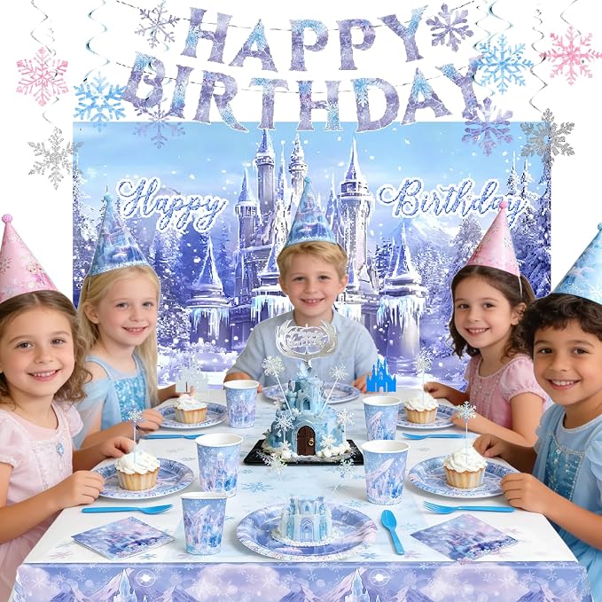Ice Castle Themed Happy Birthday Party Decorations, Plates Napkins Cups Tableware, Winter Castle Backdrop Tablecloth, Happy Birthday Banner, Cake Topper, Colorful Printed Balloons for Kids Adults